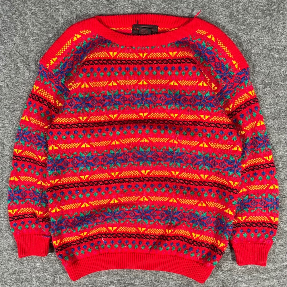 Vintage L. Simsbury Fair Isle Sweater Red Acrylic Holiday Knit Nordic Crewneck M